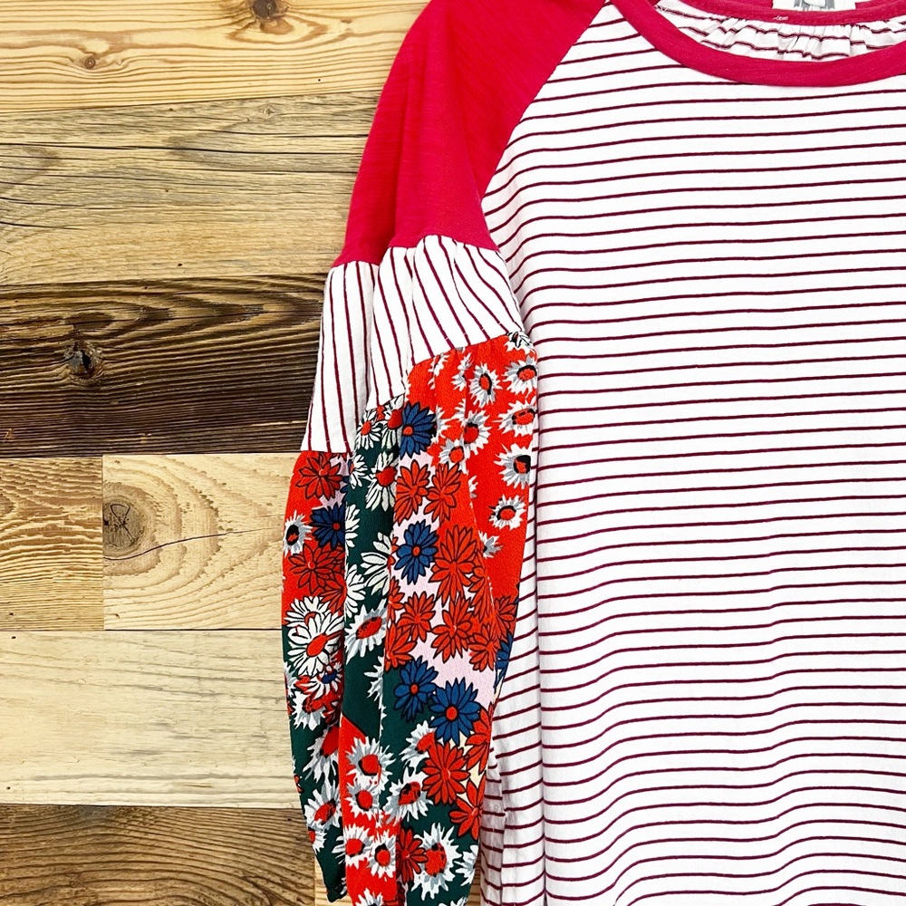 Umgee Cottagecore Patchwork Mixed Striped Floral Balloon Sleeve Top - Picture 5 of 6